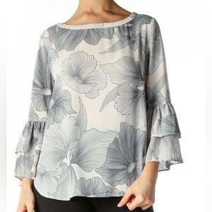 Loft Ann Taylor Floral Bell Sleeved Blouse- Slate Blue and White- Size S